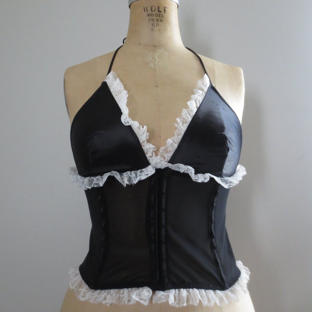 Y2K Vintage Victoria's Secret Black Halter Sheer Lace Ruffle Corset - NWOT - Picture 3 of 8